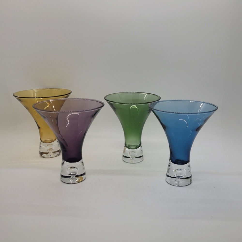 Set of 4 Jewel Tone Martini Glasses Controlled Bubble Base Multi Color Barware